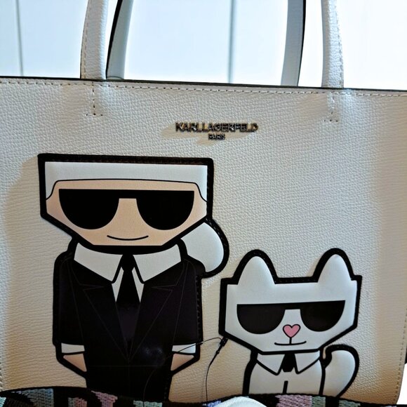 Karl Lagerfeld w Choupette Paris Maybelle Satchel with Coin Pouch White/Black NW - Picture 4 of 10